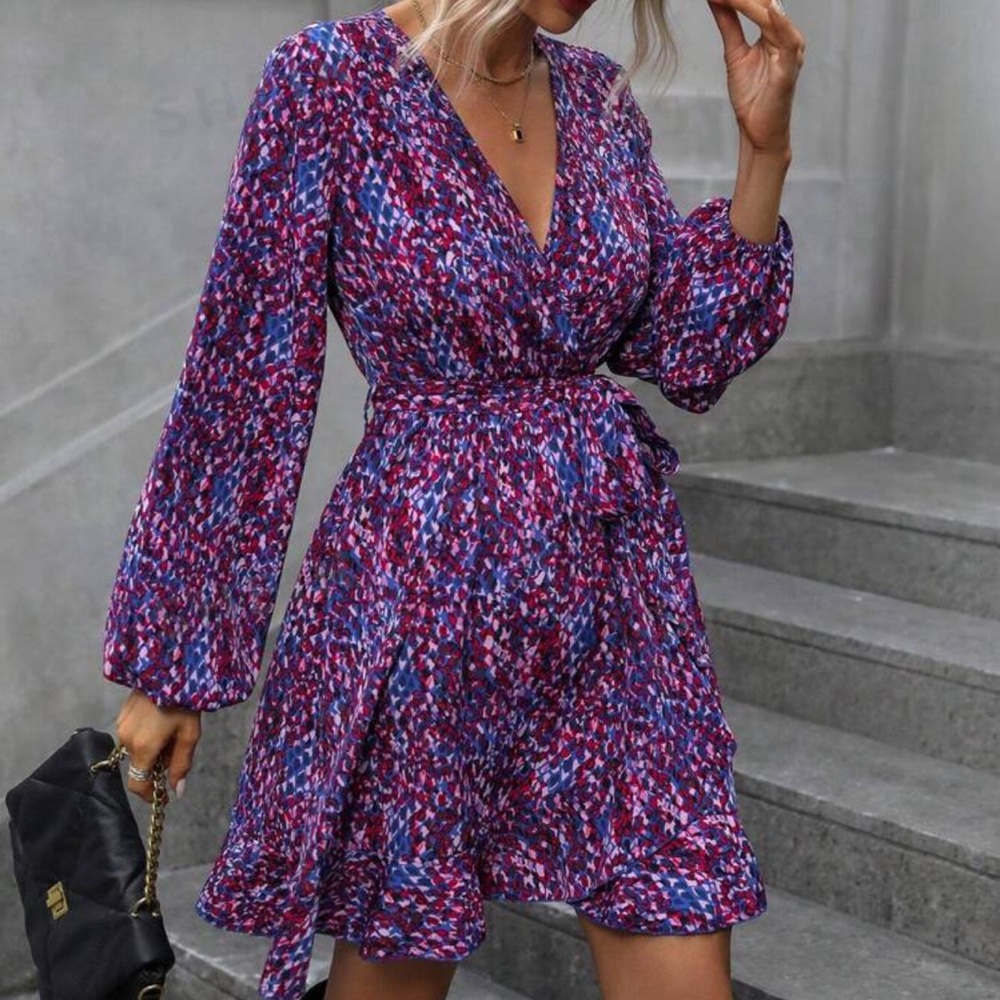 V-Neck Allover Print Wrap Tie Waist Long Sleeve Dress